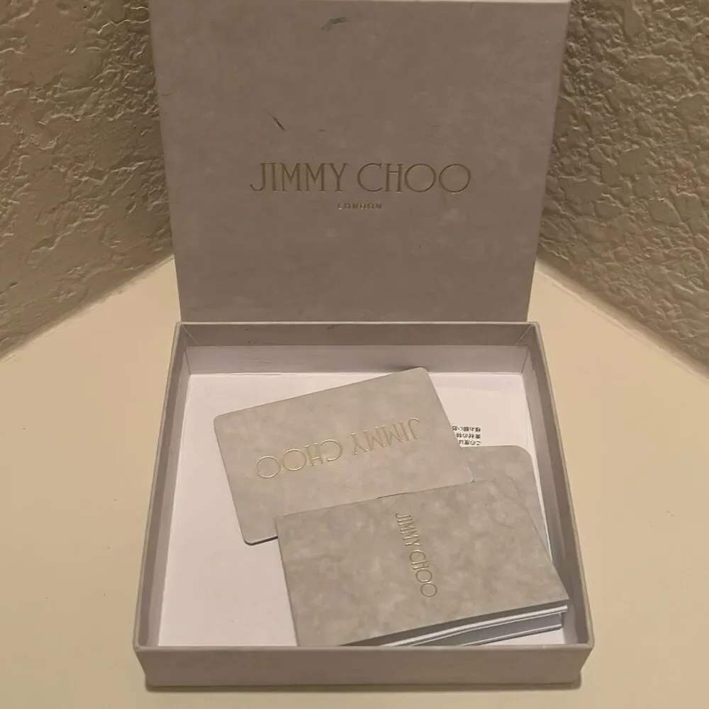 Jimmy Choo Small Square Box Light Gray Gold Lettering Luxury Storage Decor